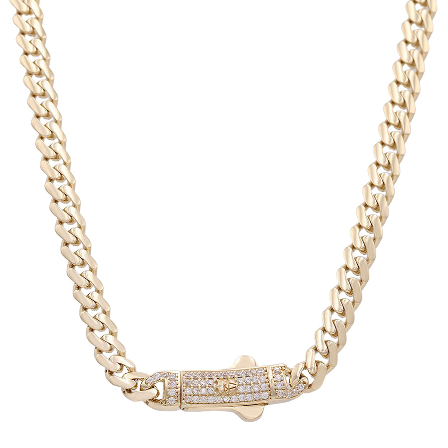 Gold chain necklace with a diamond-encrusted clasp, crafted from Yellow Gold 10k Monaco Necklaces 16" Cz by Miral Jewelry.