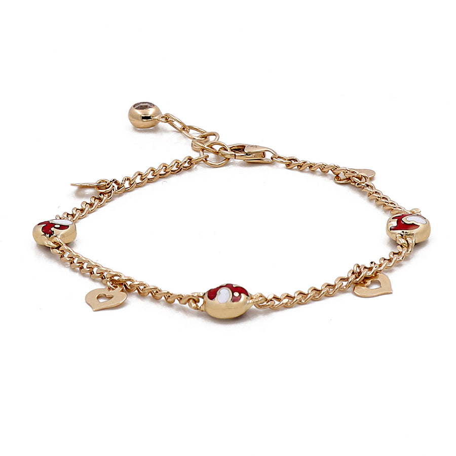 Miral Jewelry 14k Yellow Gold Fashion Enamel Beads Women's Bracelet with heart details on a white background.
