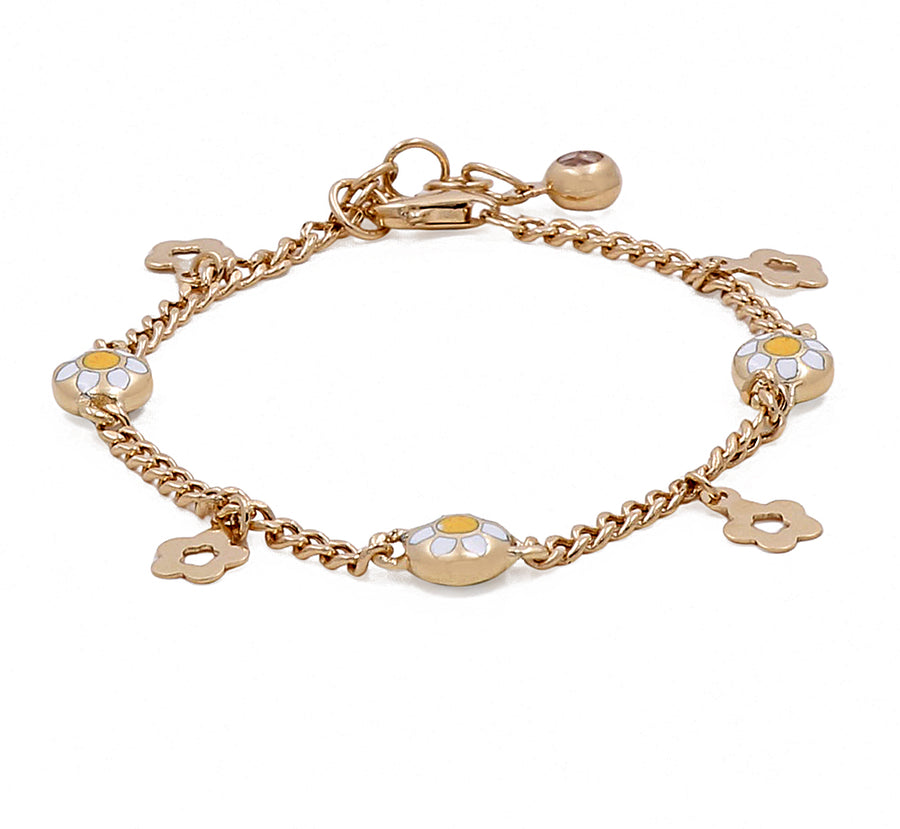 Miral Jewelry's 14k Yellow Gold Fashion Enamel Beads Women's Bracelet with flower charms against a white background.