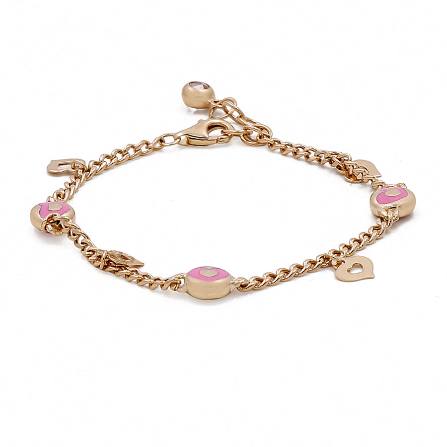 Miral Jewelry's 14k Yellow Gold Fashion Pink Enamel Beads Women's Bracelet, perfect as a fashion-forward women's bracelet.