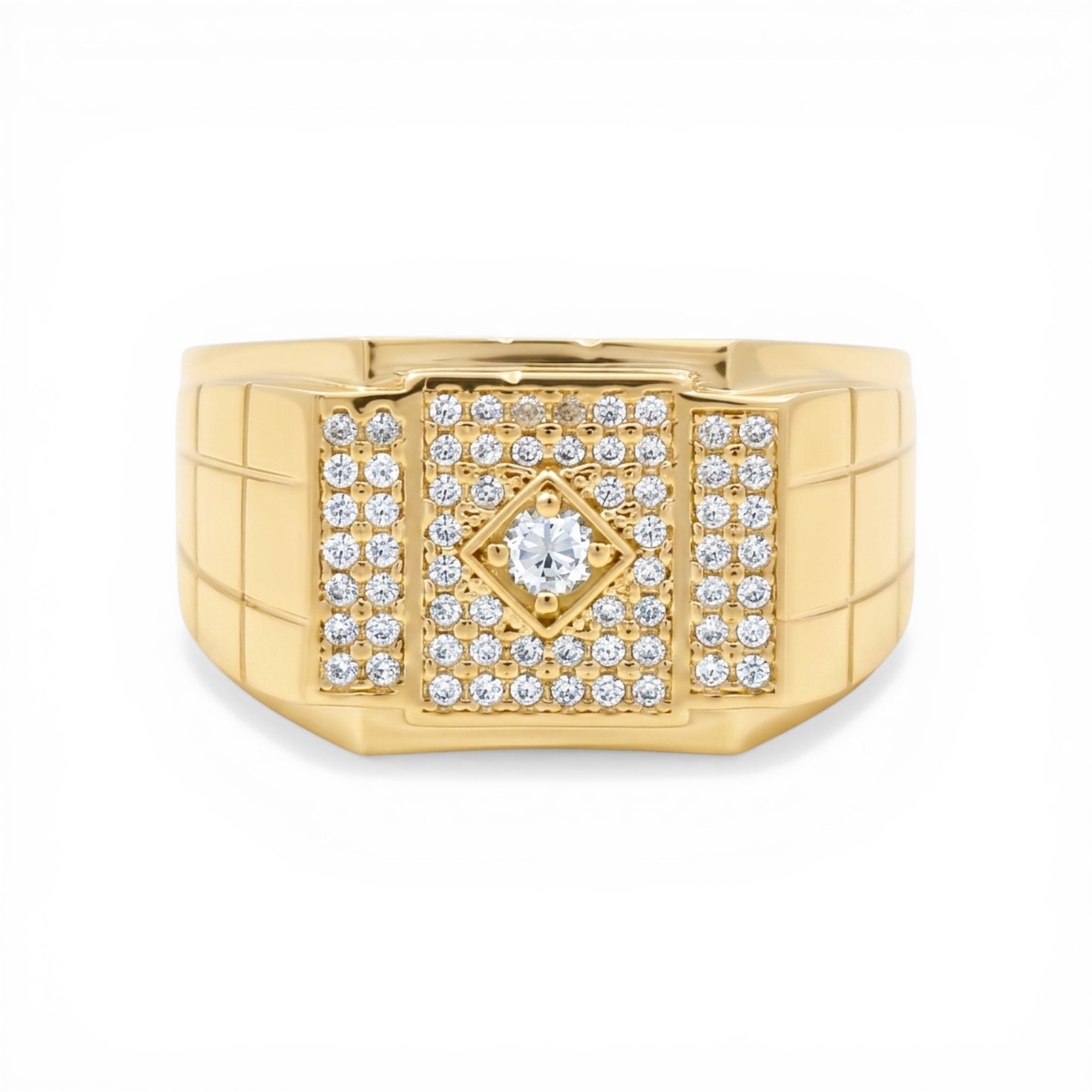 10K Yellow Gold Men's Square Pavé CZ Ring with Center Stone 12.2 g