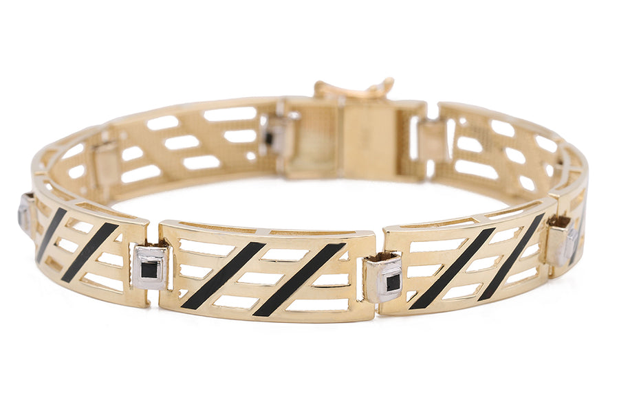 A modern accessory, this Miral Jewelry 14K Yellow Gold Fashion Links and Color Stones Bracelet features a captivating combination of black and white diamonds.