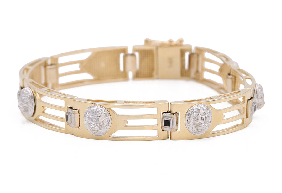 An elegant Miral Jewelry 14K Yellow and White Gold Fashion Lion Heads Bracelet, adorned with black and white diamonds.