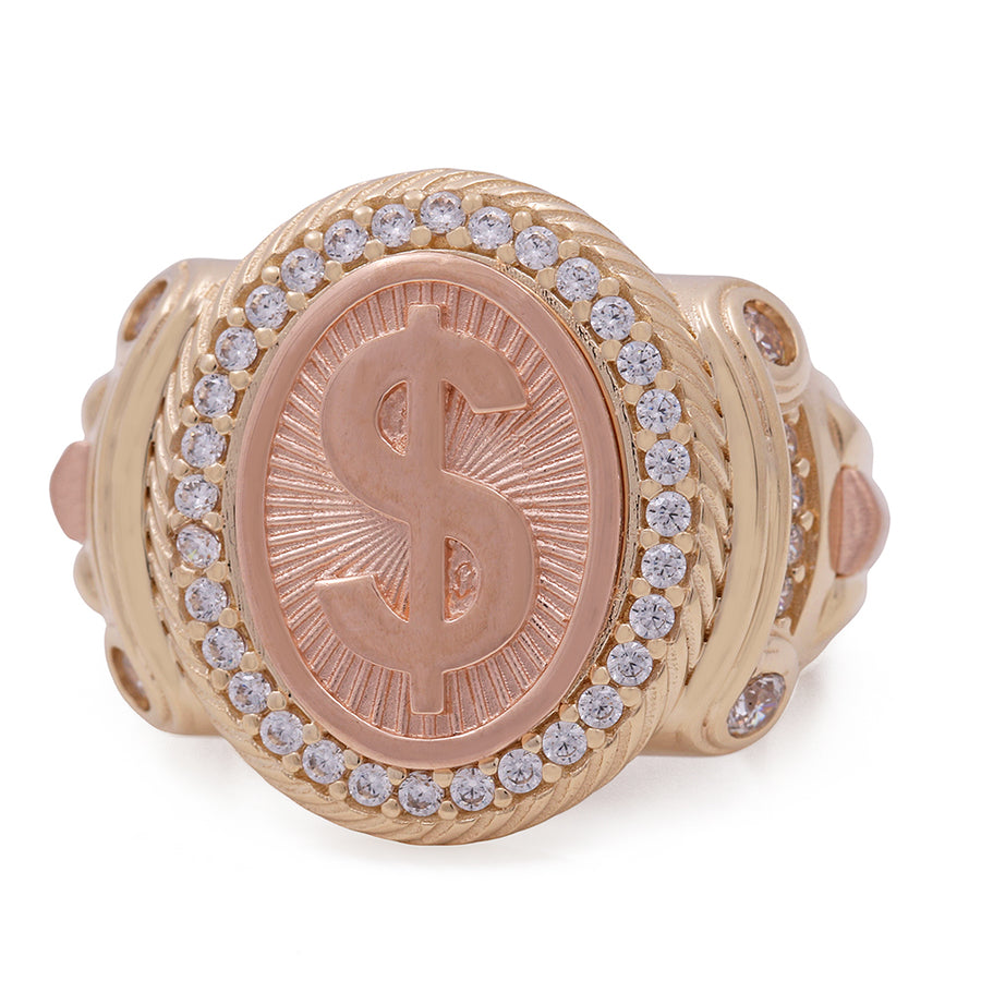 A luxurious Miral Jewelry men's ring adorned with diamonds, featuring a prominent dollar sign accent, crafted in 14K yellow and rose gold.
