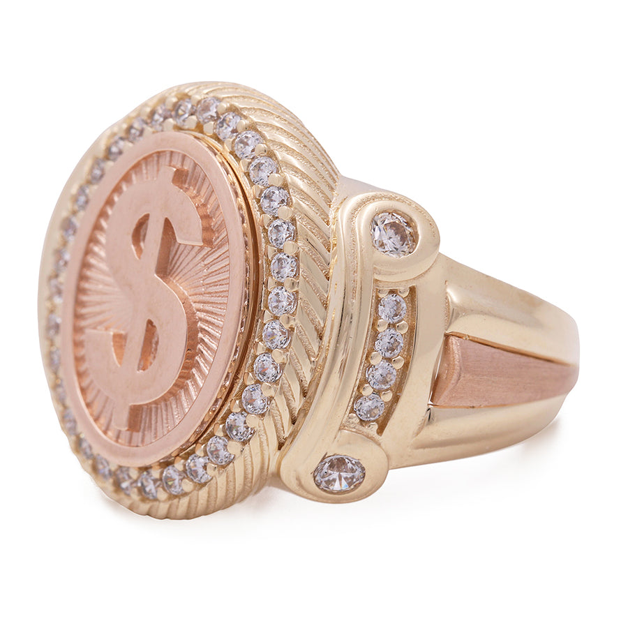 A 14K Yellow and Rose Gold Men's Ring with Dollar Sign and Cubic Zirconia from Miral Jewelry.