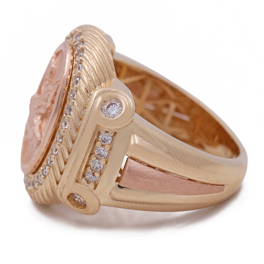 An elegant 14K Yellow and Rose Gold Fashion Men's Ring with Center Eagle and Cubic Zirconias by Miral Jewelry, accentuated by dazzling diamonds.