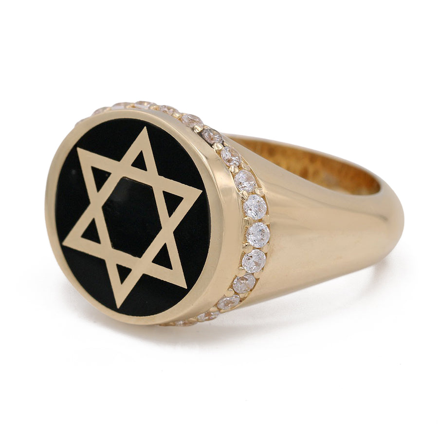 A Miral Jewelry 14K Yellow Gold Black Color Center Stone Star of David Ring with Cubic Zirconias with diamonds.