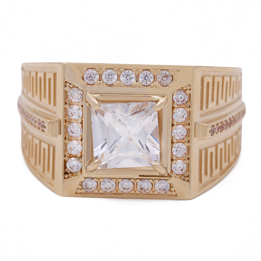 A Miral Jewelry 14K yellow gold ring with a princess cut stone and diamonds.
