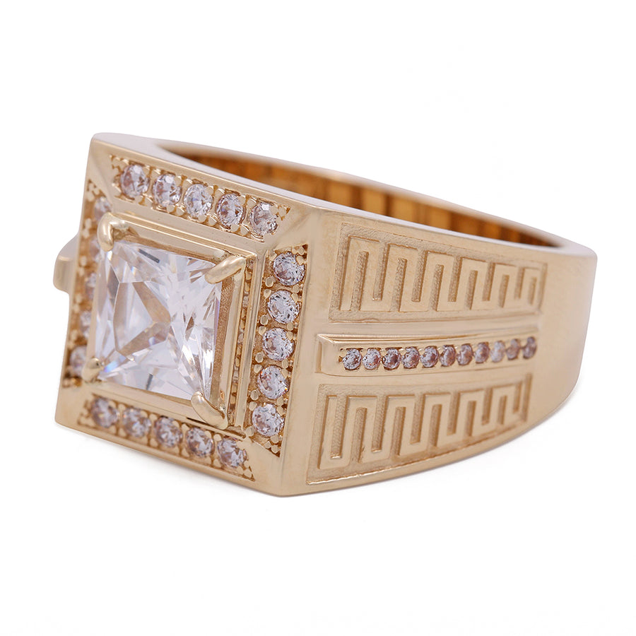 A men's ring made of 14K yellow gold, with a square cut 14K Yellow Gold Zirconia Color Center Stone Ring with Cubic Zirconias from Miral Jewelry in the center.
