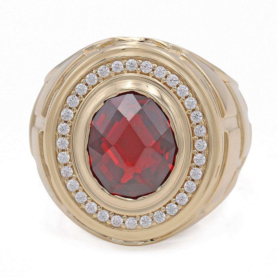 A Miral Jewelry 14K Yellow Gold Ruby Color Center Stone Ring with Cubic Zirconias and diamonds.