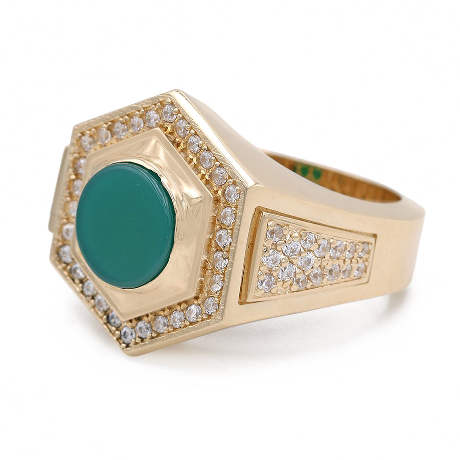 A Miral Jewelry Yellow Gold 14k Fashion Ring With Green Stone and Diamonds.