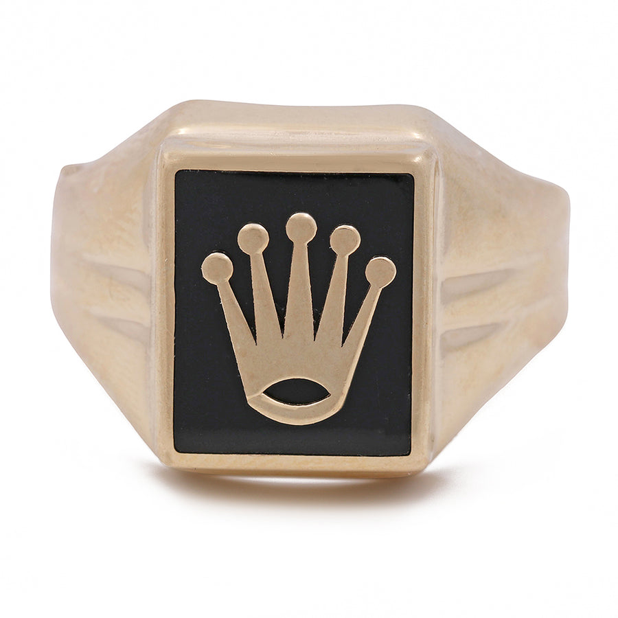 A Miral Jewelry 14K yellow gold men's ring with a crown on it.