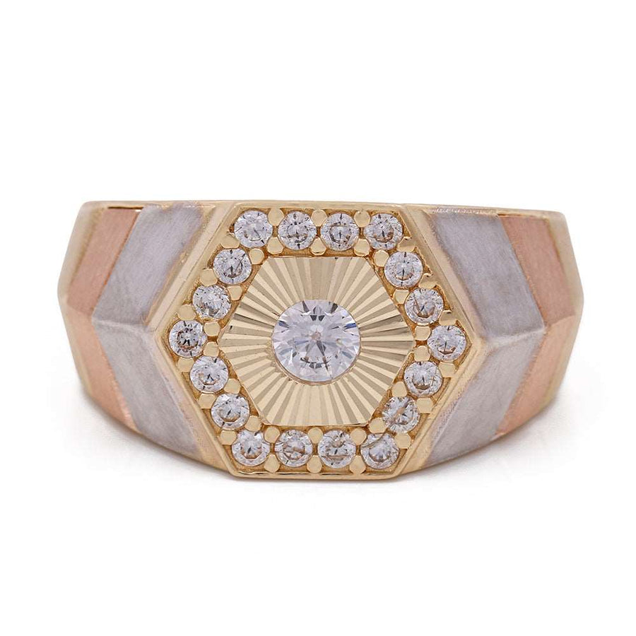 A Miral Jewelry men's ring in a hexagonal shape featuring diamonds.