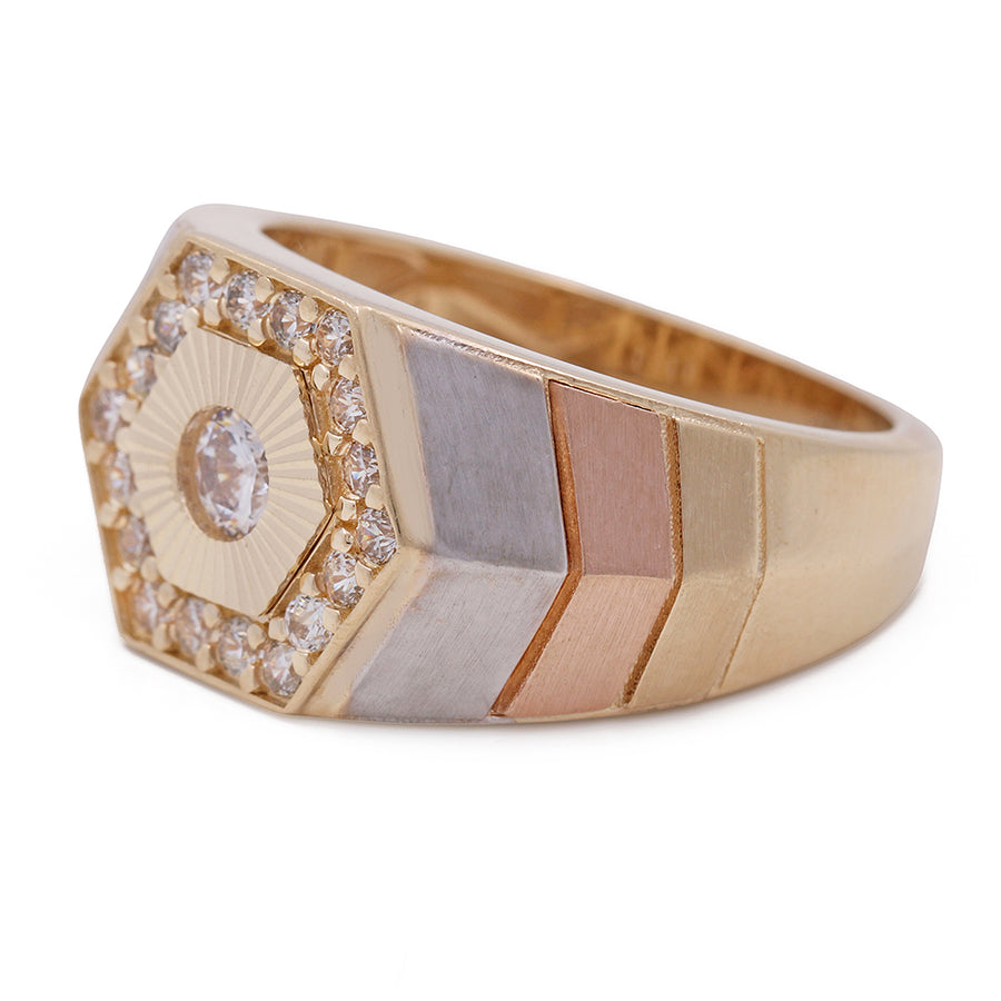 A 14K Tricolor Gold Men's Hexagon Fashion Ring with Cubic Zirconias by Miral Jewelry, with diamonds and cubic zirconias in the center.