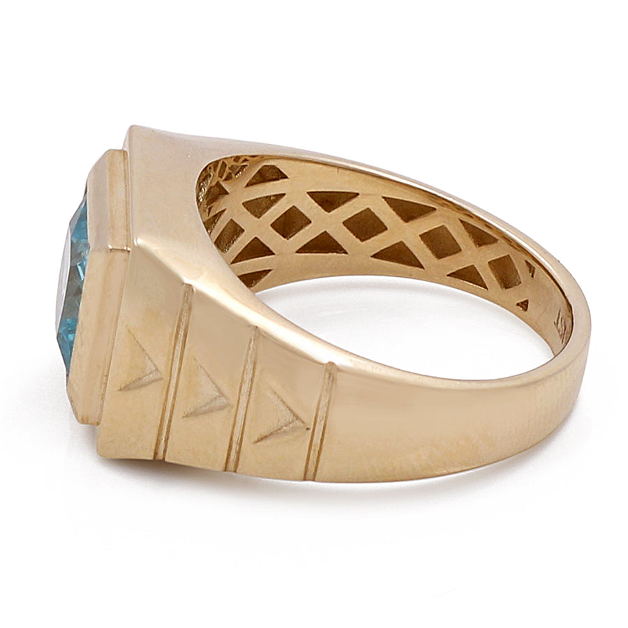 A Miral Jewelry 14K Yellow Gold Men's Fashion Ring with Blue Center Stone.