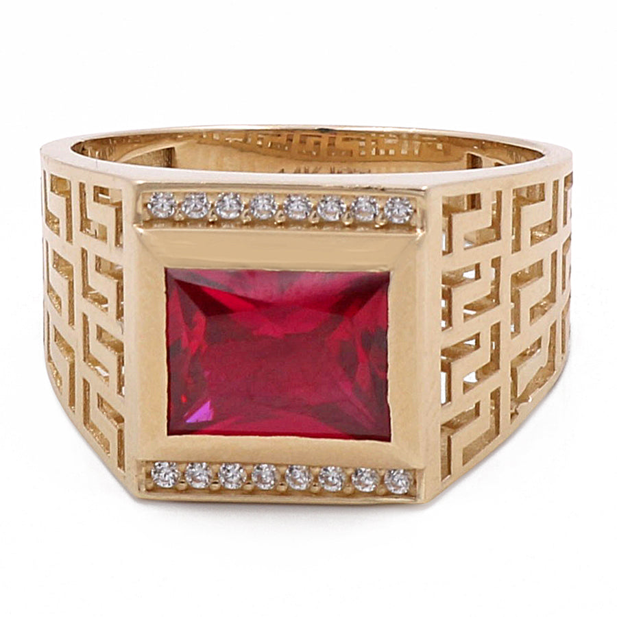 A Miral Jewelry 14K Yellow Gold Men's Fashion Ring with Red Center Stone and Cubic Zirconias and diamonds.