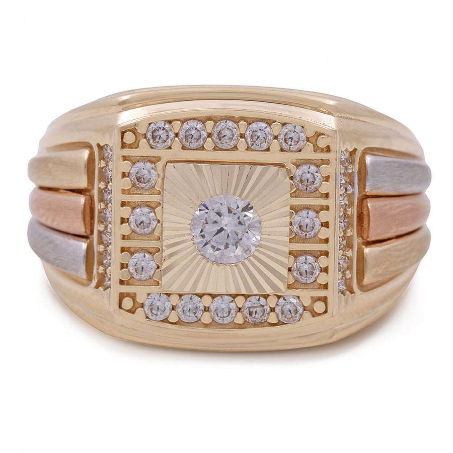 A Miral Jewelry men's 14K tricolor gold fashion ring with three cubic zirconias in yellow, white and rose gold.