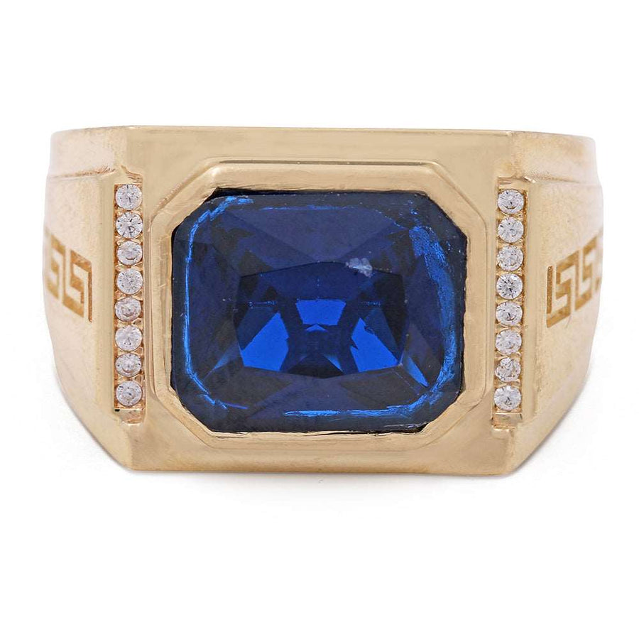 A Miral Jewelry 14K Yellow Gold Men's Fashion Ring with Blue Color Stone and Cubic Zirconias.