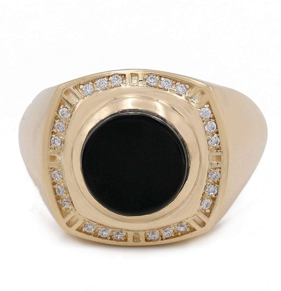 A Miral Jewelry 14K Yellow Gold Black Color Center Stone Ring with Cubic Zirconias and diamonds.