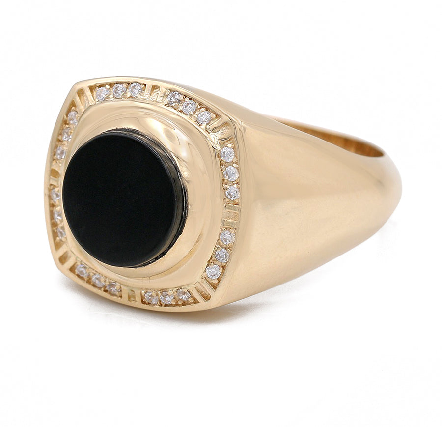 A Miral Jewelry 14K Yellow Gold Black Color Center Stone Ring with Cubic Zirconias, featuring a black onyx stone and diamonds.