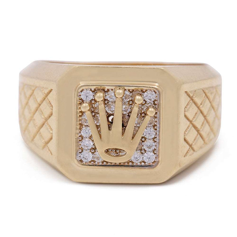 A Miral Jewelry men's fashion ring in 14K yellow gold set with cubic zirconias and adorned with a crown.