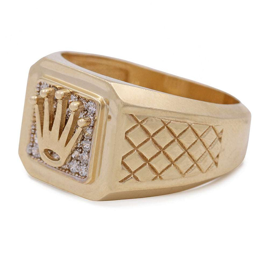 A Miral Jewelry 14K Yellow Gold Men's Fashion Ring with Cubic Zirconias, with a crown and diamonds.