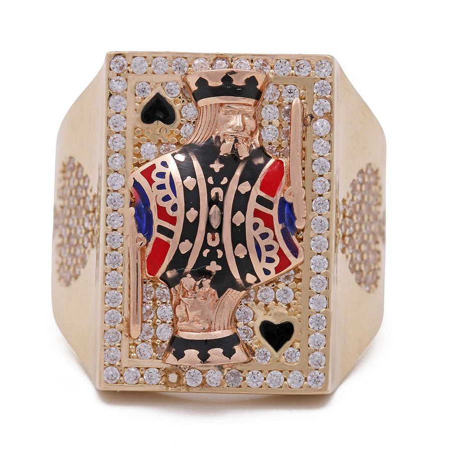 A Miral Jewelry 14K Yellow and Rose Gold Men's Playing Cards Ring with Color Stones adorned with cubic zirconias.