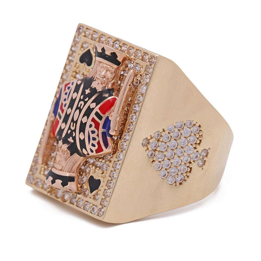 A Miral Jewelry 14K Yellow and Rose Gold Men's Playing Cards Ring with Color Stones, featuring diamonds and a king of spades.