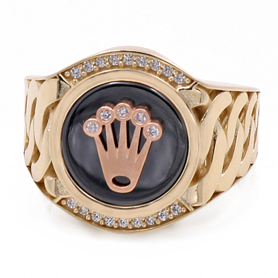 A Miral Jewelry men's fashion 14K Yellow and Rose Gold logo ring with a crown and cubic zirconias.