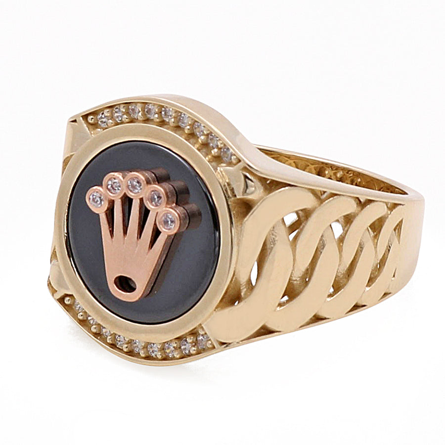 A Miral Jewelry 14K Yellow and Rose Gold Men's Fashion Logo Ring with Cubic Zirconias suitable for men's fashion.