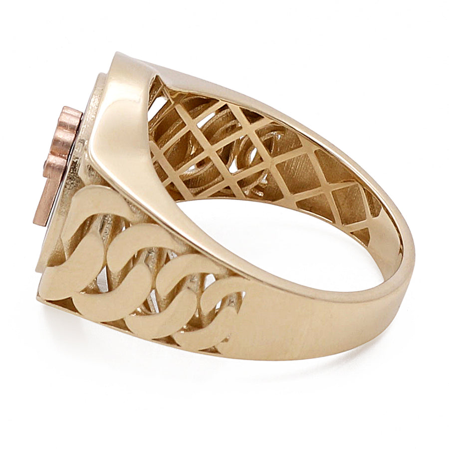 A 14K Yellow and Rose Gold Men's Fashion Logo Ring with Cubic Zirconias from Miral Jewelry.