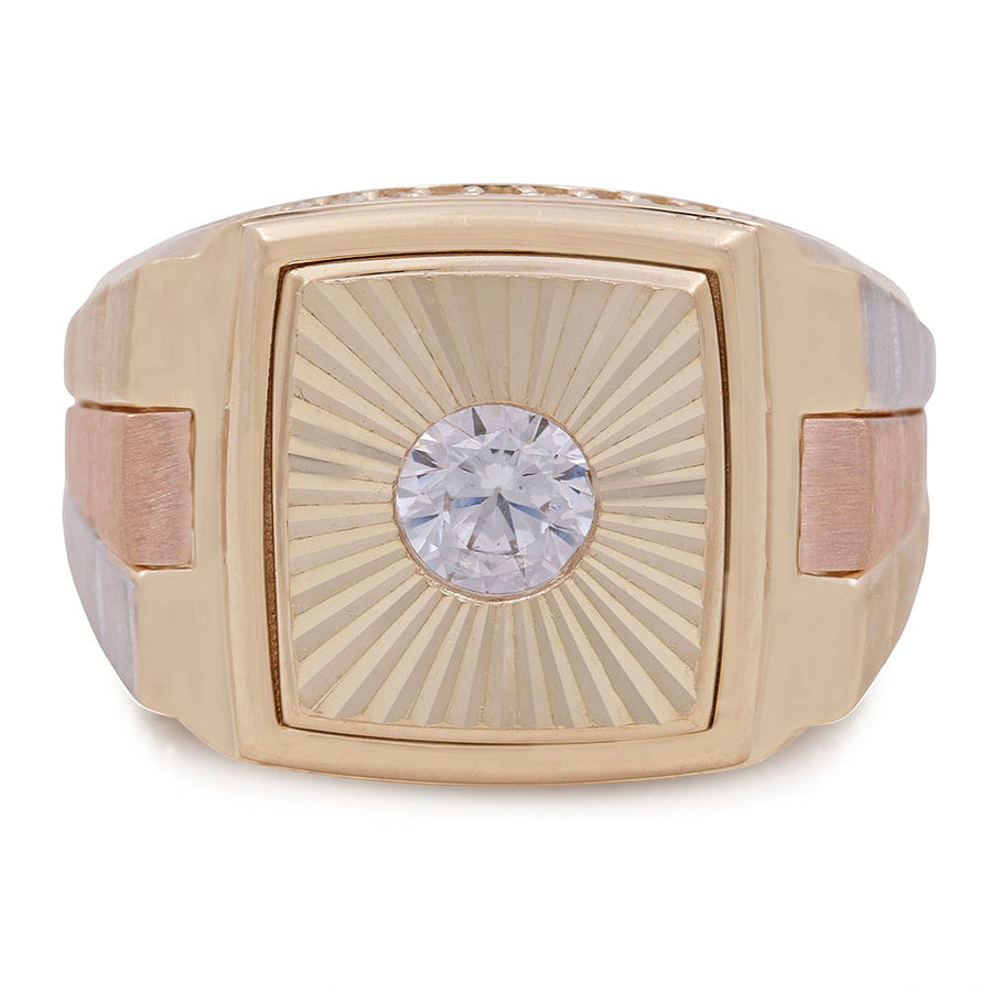 A Miral Jewelry men's ring with a sparkling 14K Yellow and Rose Gold Diamond Cut Men's Ring with Cubic Zirconias in the center, crafted in gold.