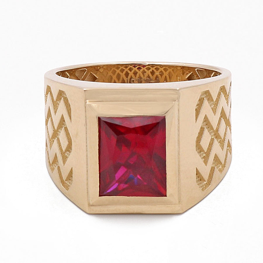 A Miral Jewelry 14K yellow gold men's ring with a square red center stone.