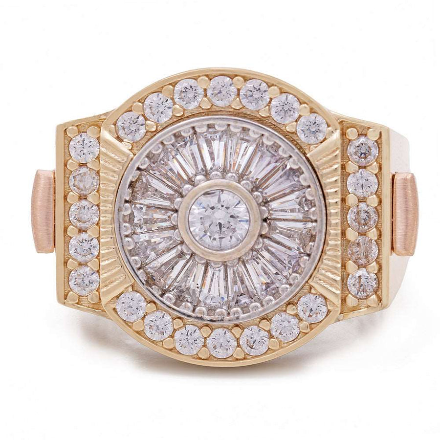 A Miral Jewelry 14K Yellow and Rose Gold Men's Ring with Cubic Zirconias, with diamonds and cubic zirconias in the center.