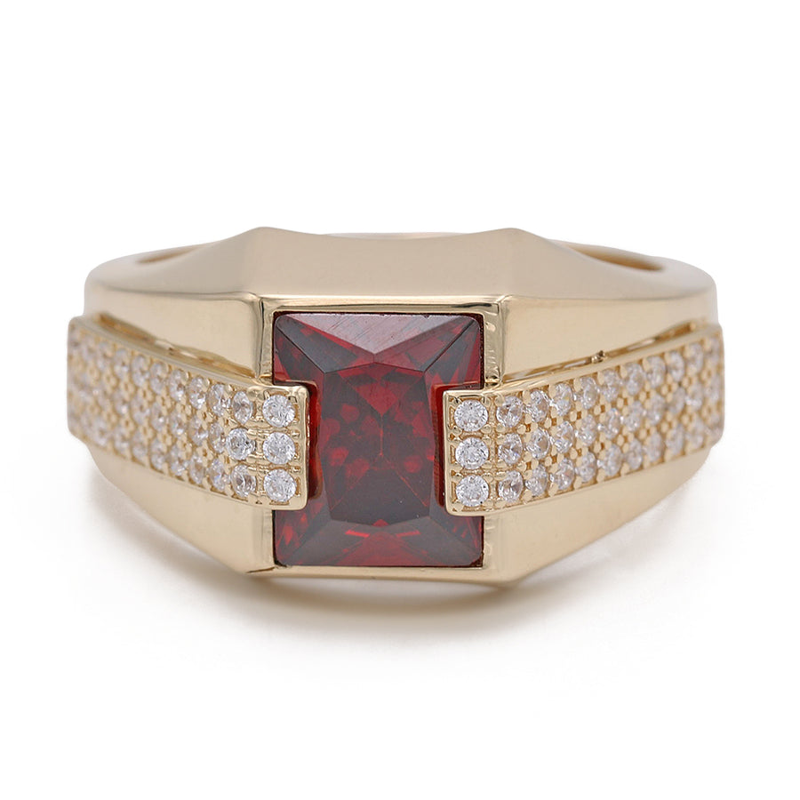 A Miral Jewelry yellow gold 14k fashion ring adorned with a red Cz stone and diamonds.
