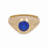 14k Yellow Gold Round Blue Men's Fashion Ring