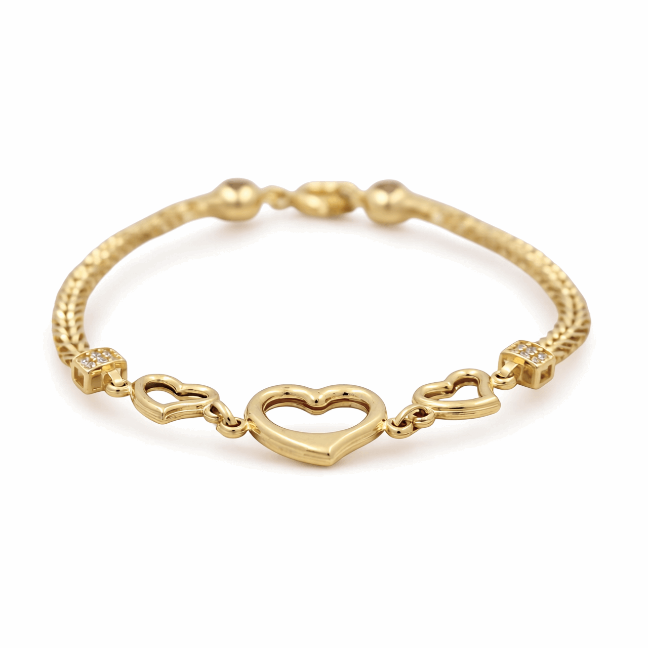 14K Yellow Gold Fancy Link with Hearts Bracelet
