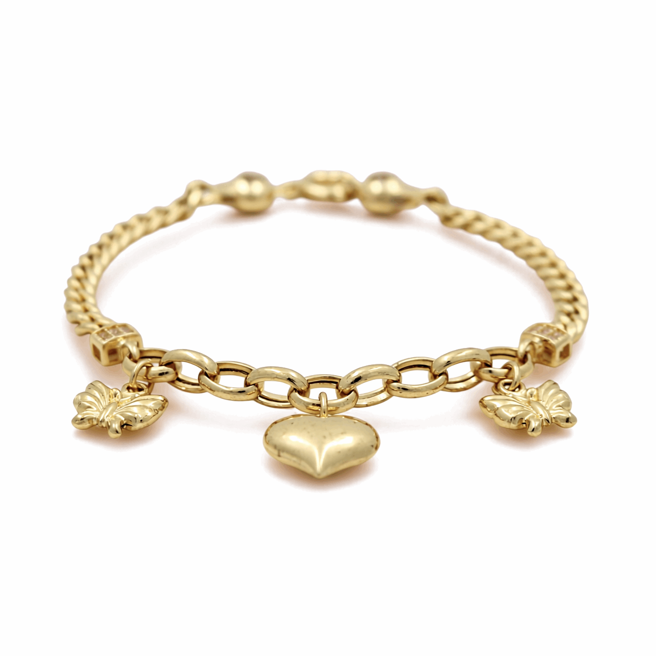 14K Yellow Gold Heart and Butterflies Charm Bracelet