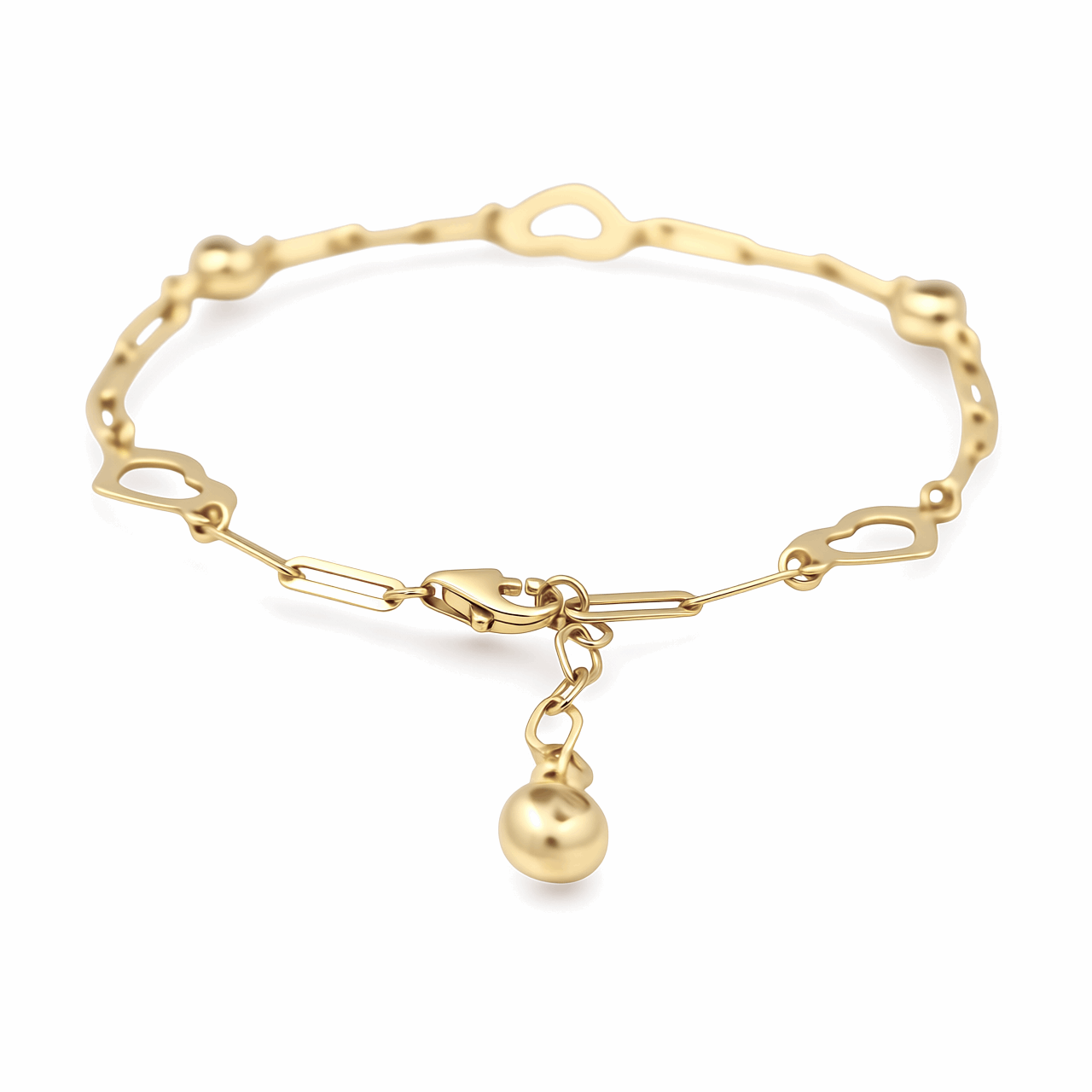 14K Yellow Gold Paper Clip with Hearts Bracelet