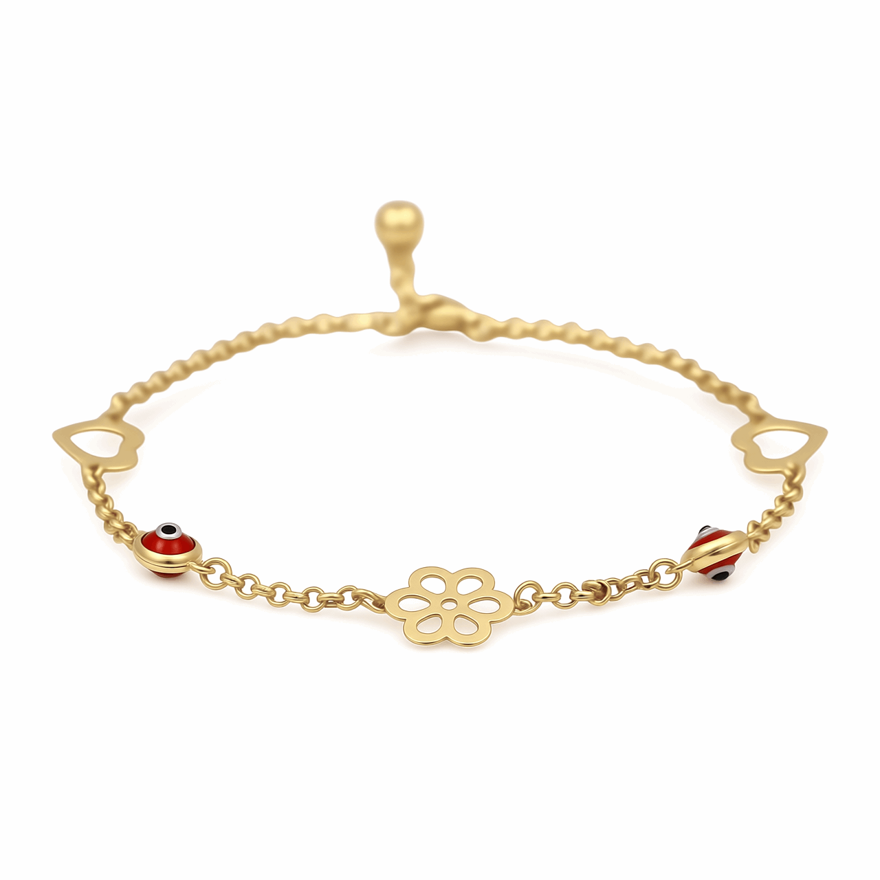 14K Yellow Gold Heart, Flower and Red Eye Bracelet