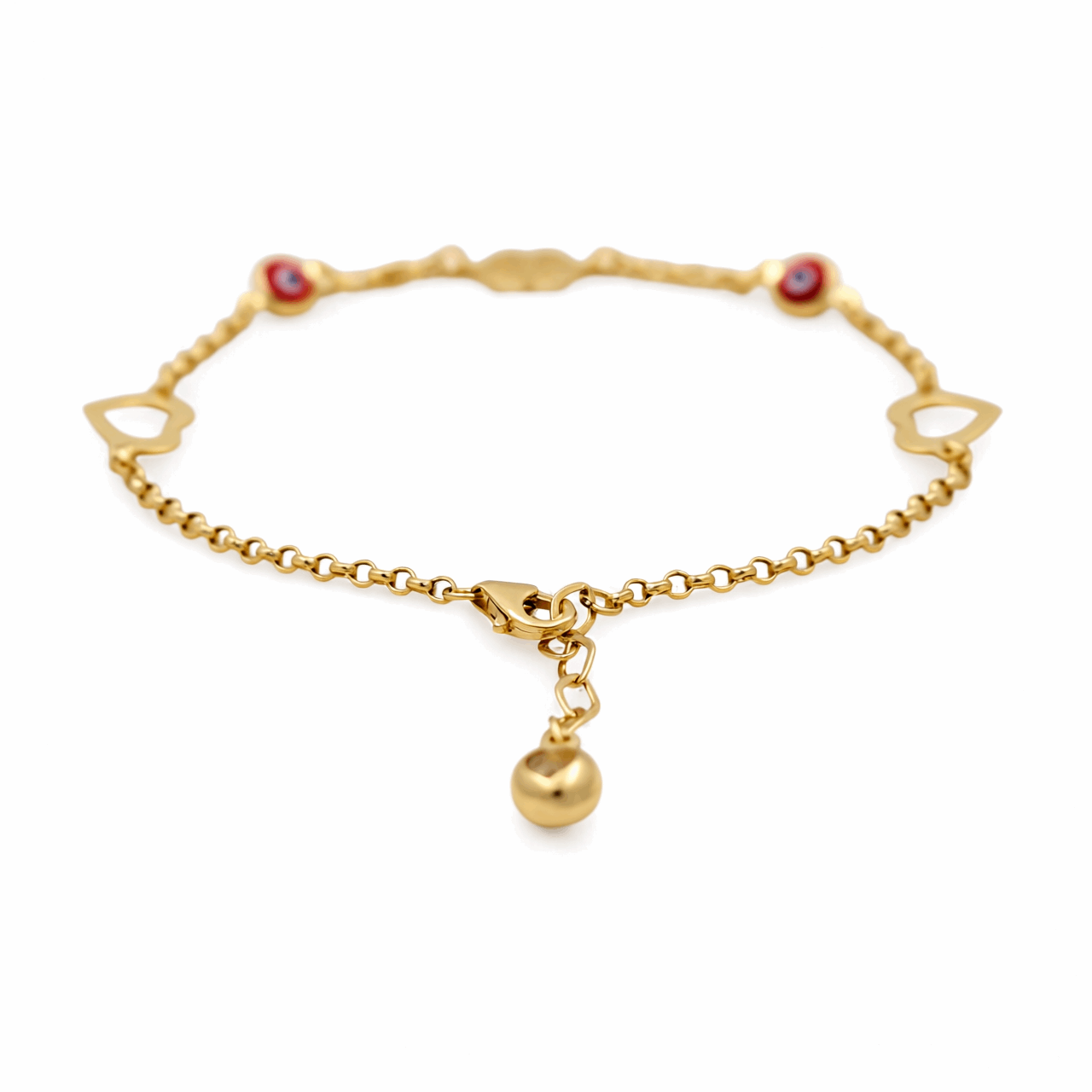 14K Yellow Gold Heart, Flower and Red Eye Bracelet