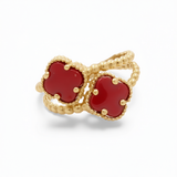 14K Yellow Gold 2 Red Clovers Fashion Women's Ring