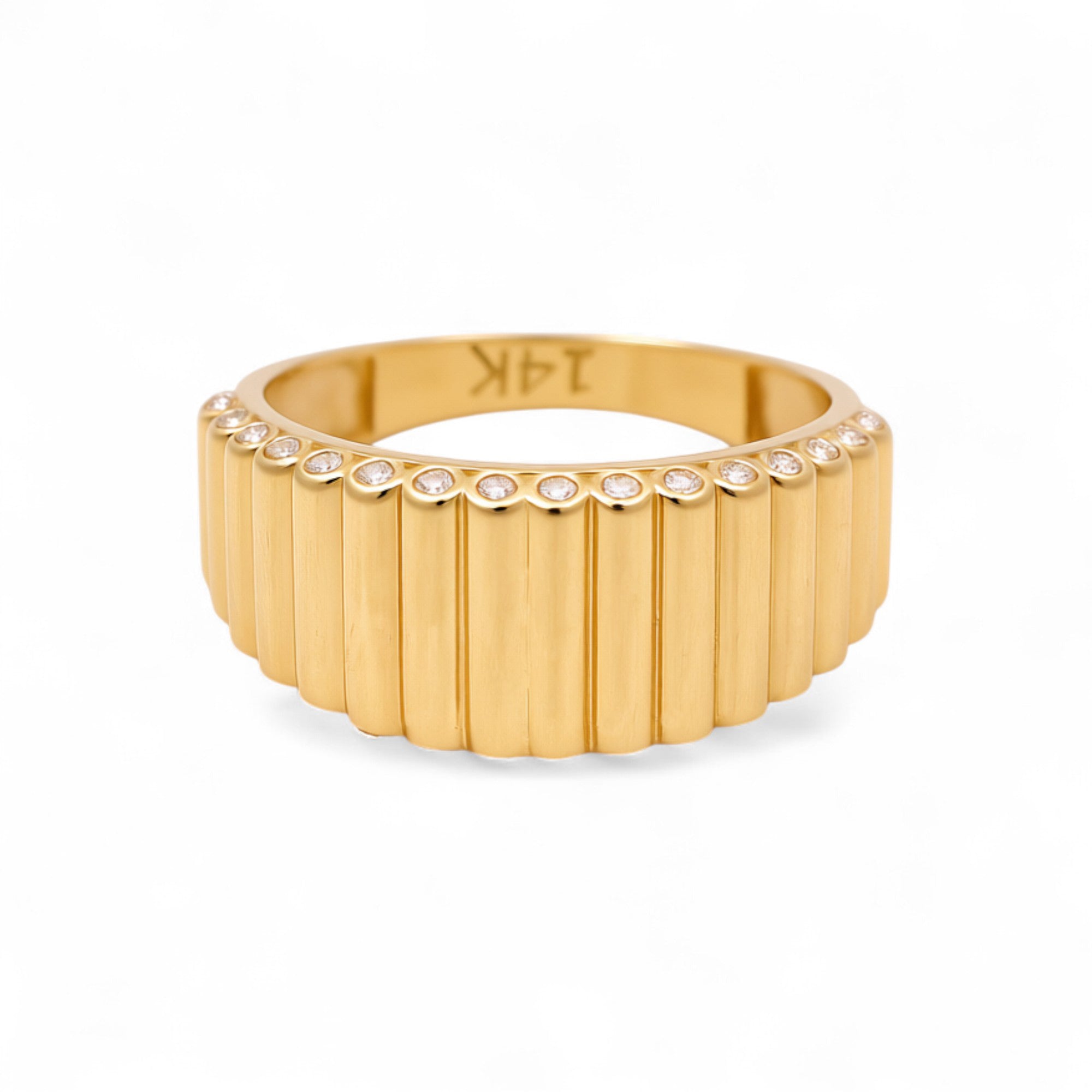 14K Yellow Gold Ribbed Band with CZ Edge 3.6 g