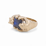 14k Yellow Gold Blue Square Atone with 2 Tigers Fashion  Ring