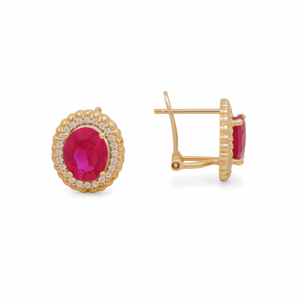10K Yellow Gold Oval Red Earrings