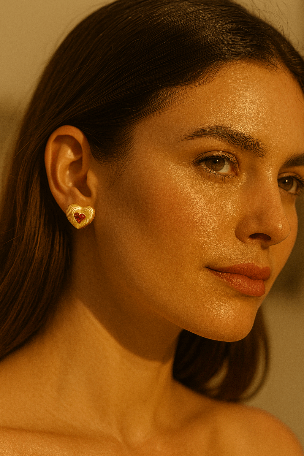 10K Yellow Gold Heart with Red Stone Earrings