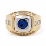 10k Two Tone White/Yellow Round Blue Men's Fashion Ring
