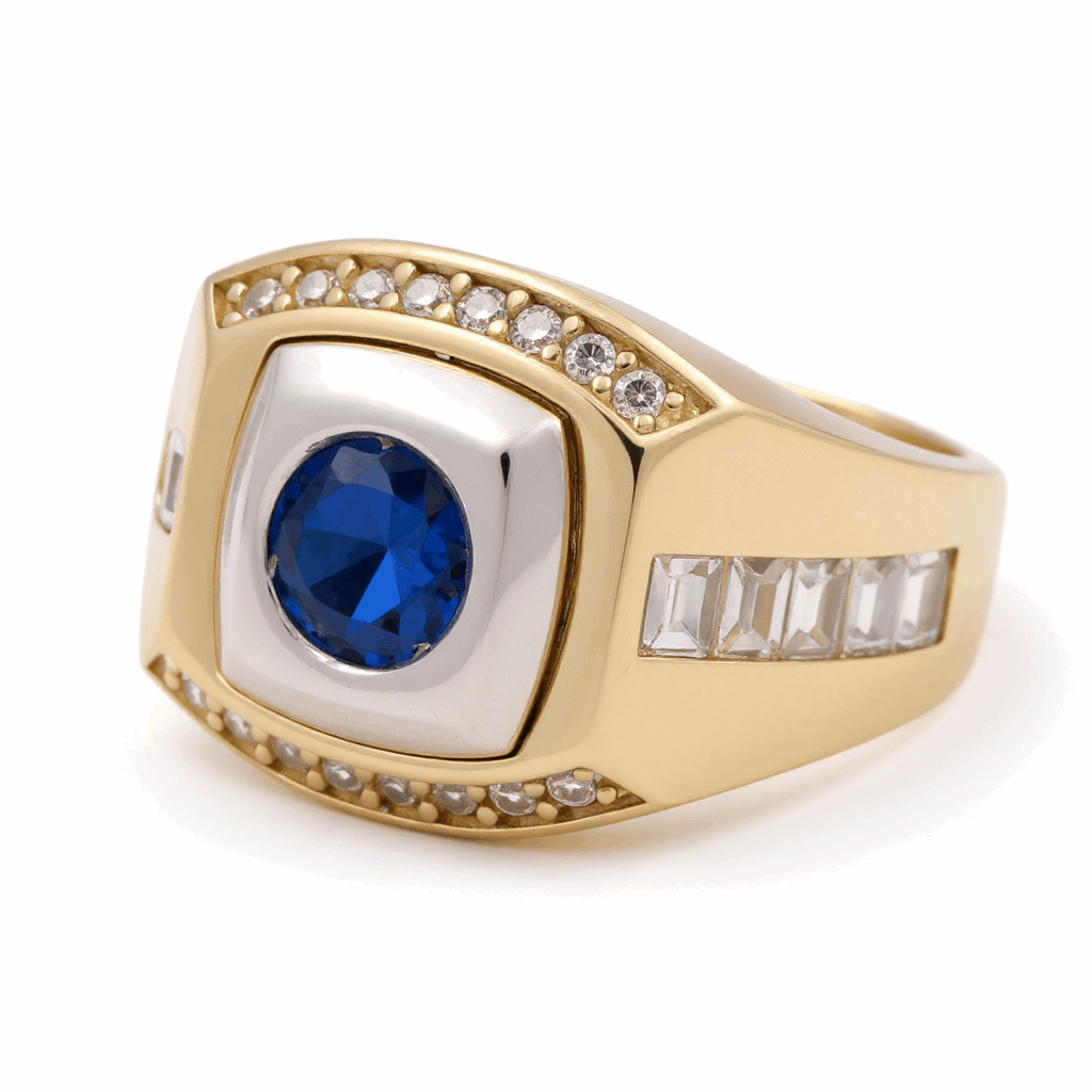10k Two Tone White/Yellow Round Blue Men's Fashion Ring