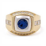 10k Two Tone White/Yellow Round Blue Men's Fashion Ring