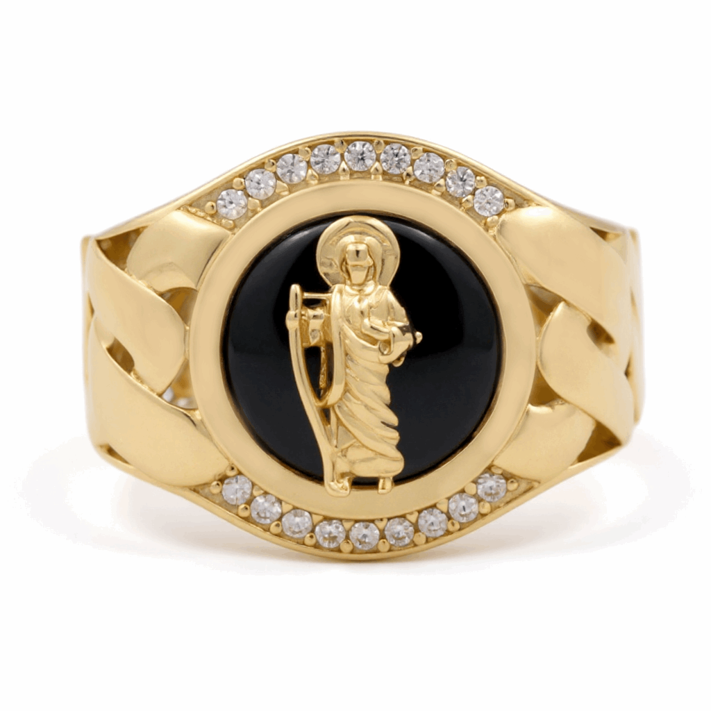 10k Yellow Gold San Judas with Onix Men's Fashion Ring